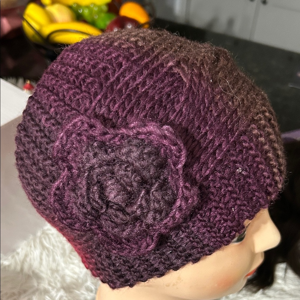 Elegant Plum Knit Beanie with Floral Detail